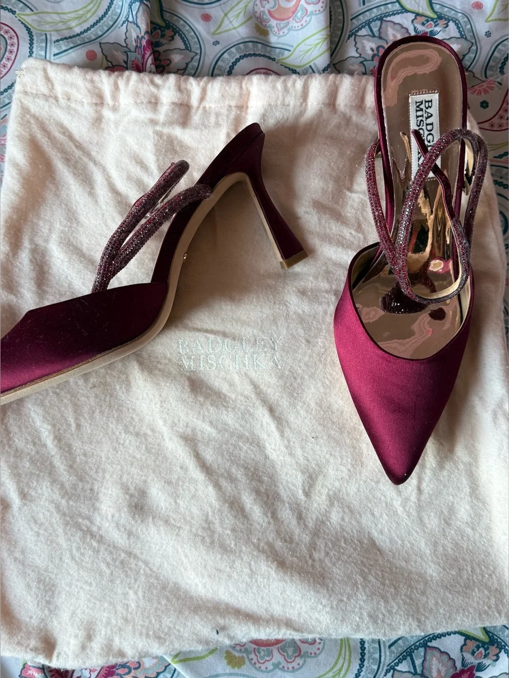 Badgley Mischka Burgundy Satin Pointed Slingback Heels with Glitter Straps